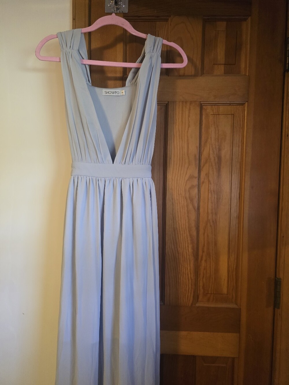 Showpo. Pale Blue V-Neck Pleated Maxi Dress